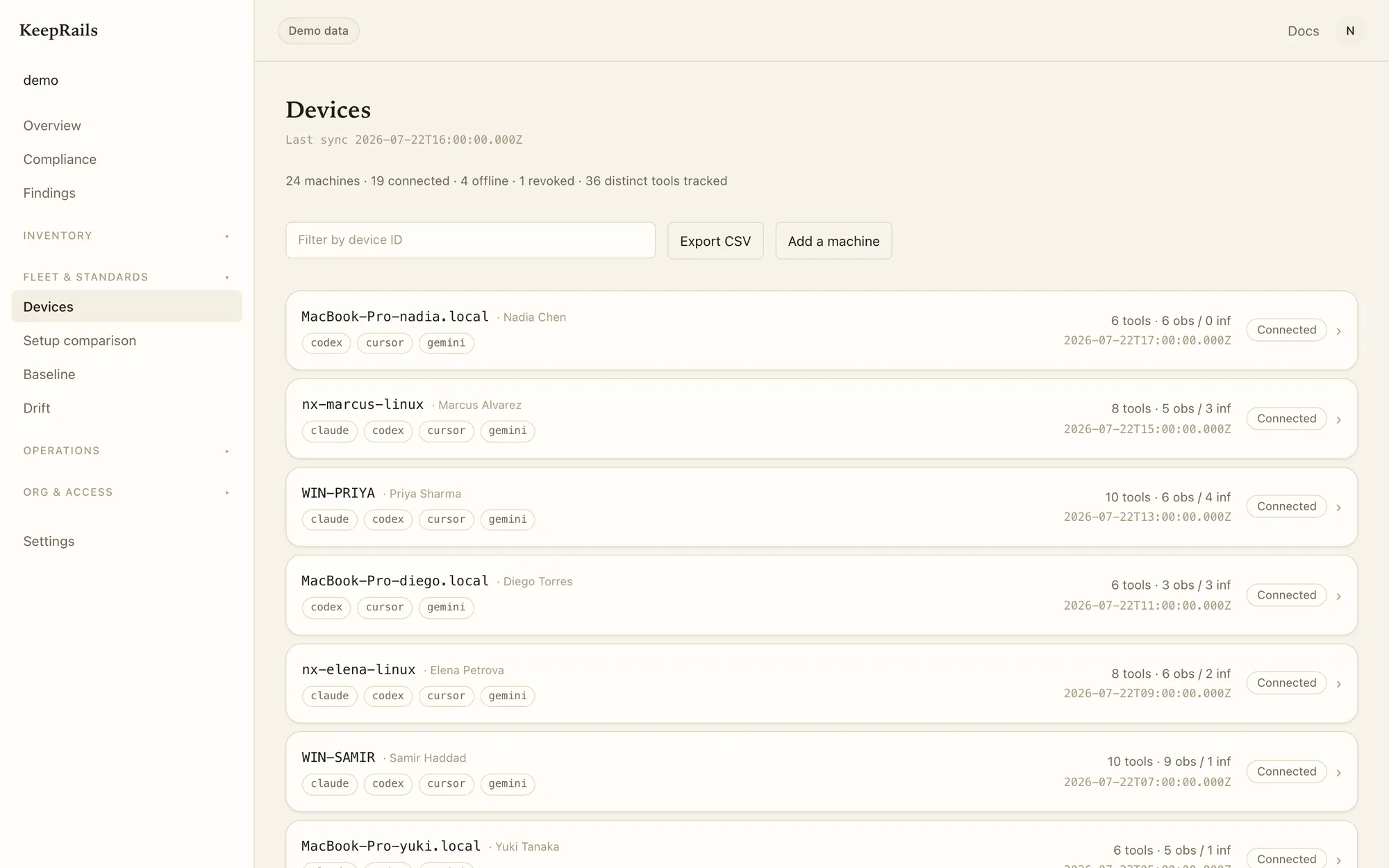 KeepRails Devices view on the Northwind Labs demo account, listing fleet machines with their collectors, owners, and tool counts.
