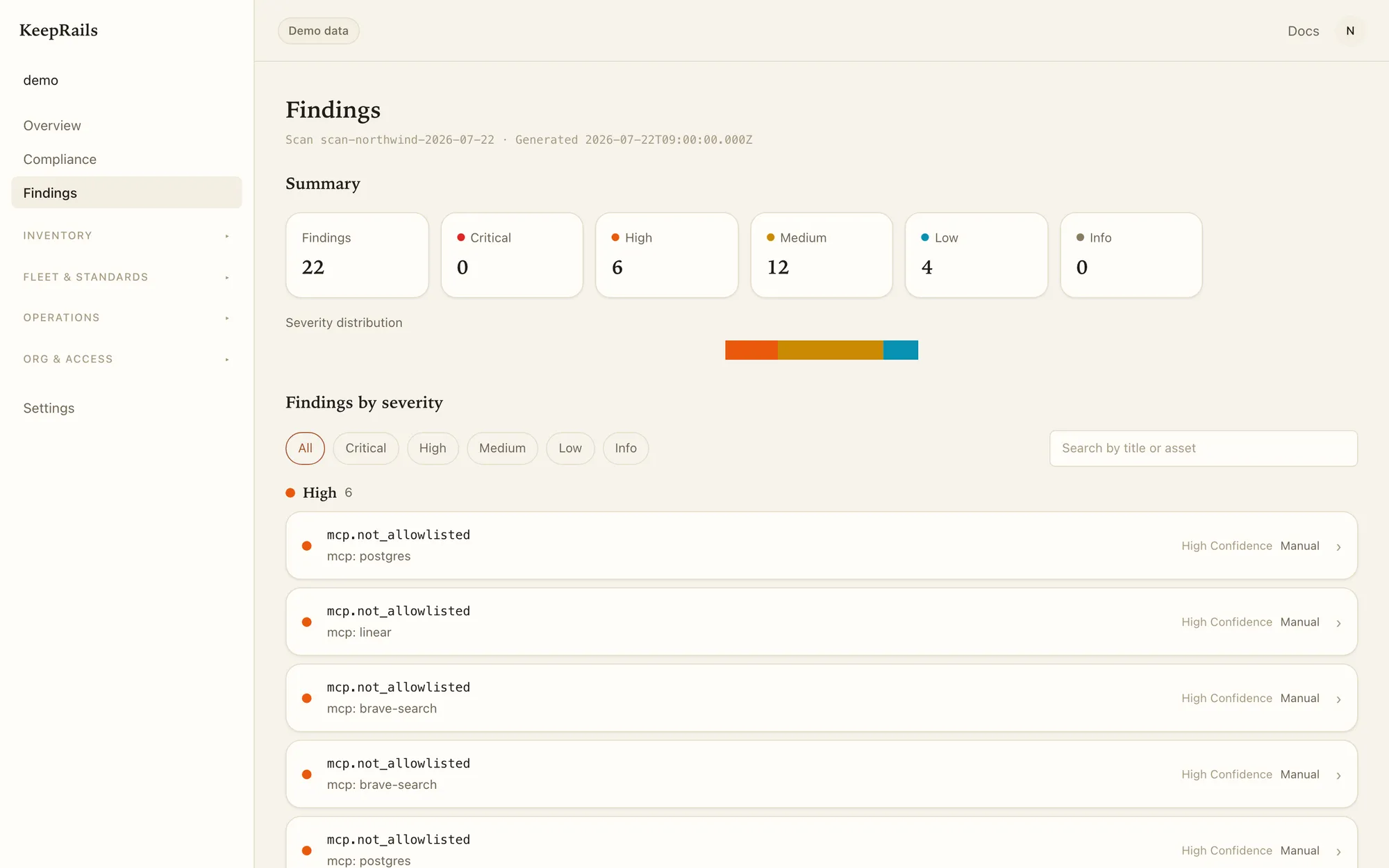 KeepRails Findings view on the Northwind Labs demo account, grouped by severity with a fix path for each entry.