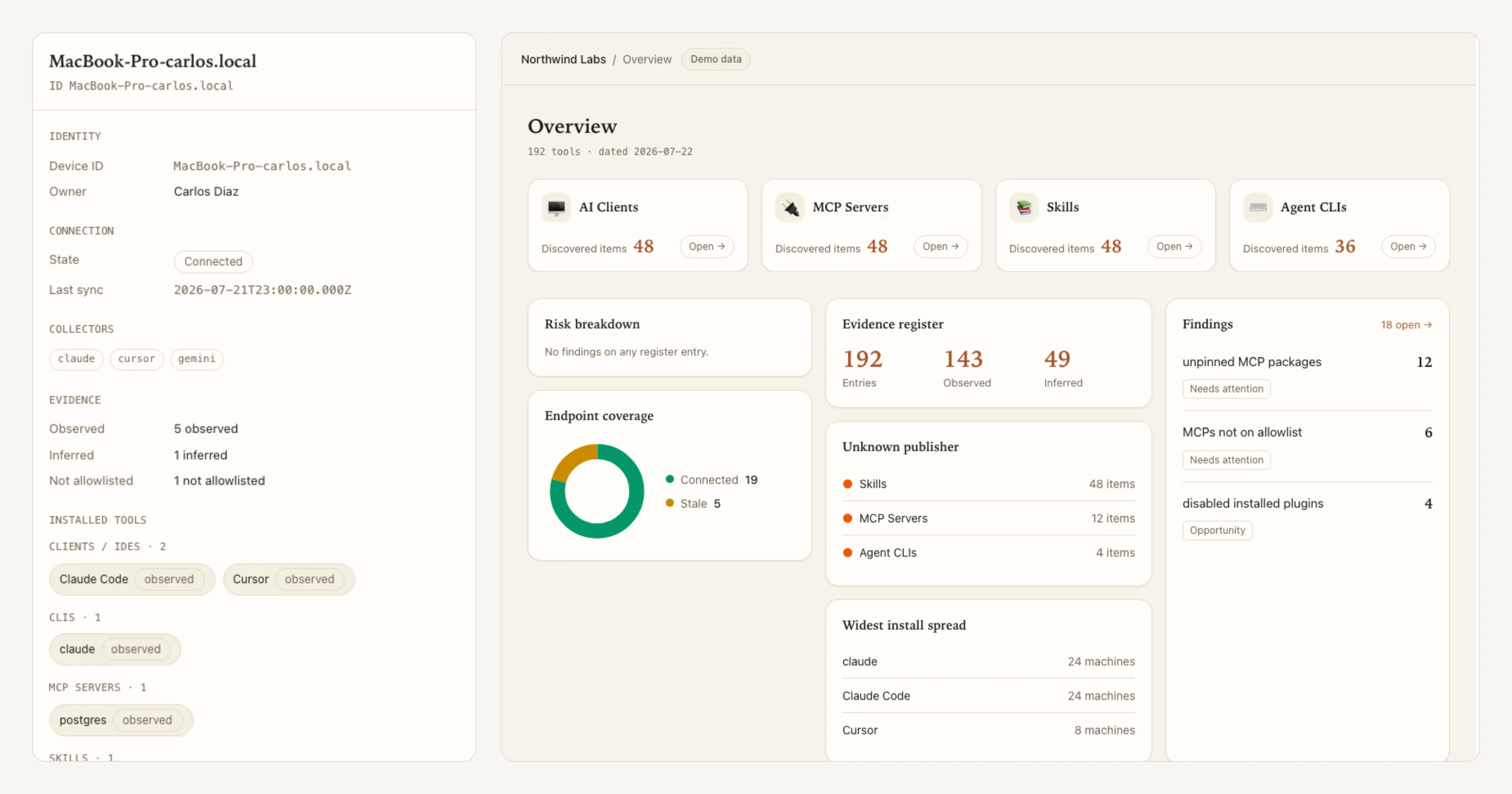 One enrolled machine's register beside the organization roll-up: the device panel lists its owner, collectors and installed tools with observed and inferred labels, while the org Overview shows discovered-item counts, evidence totals and open findings.