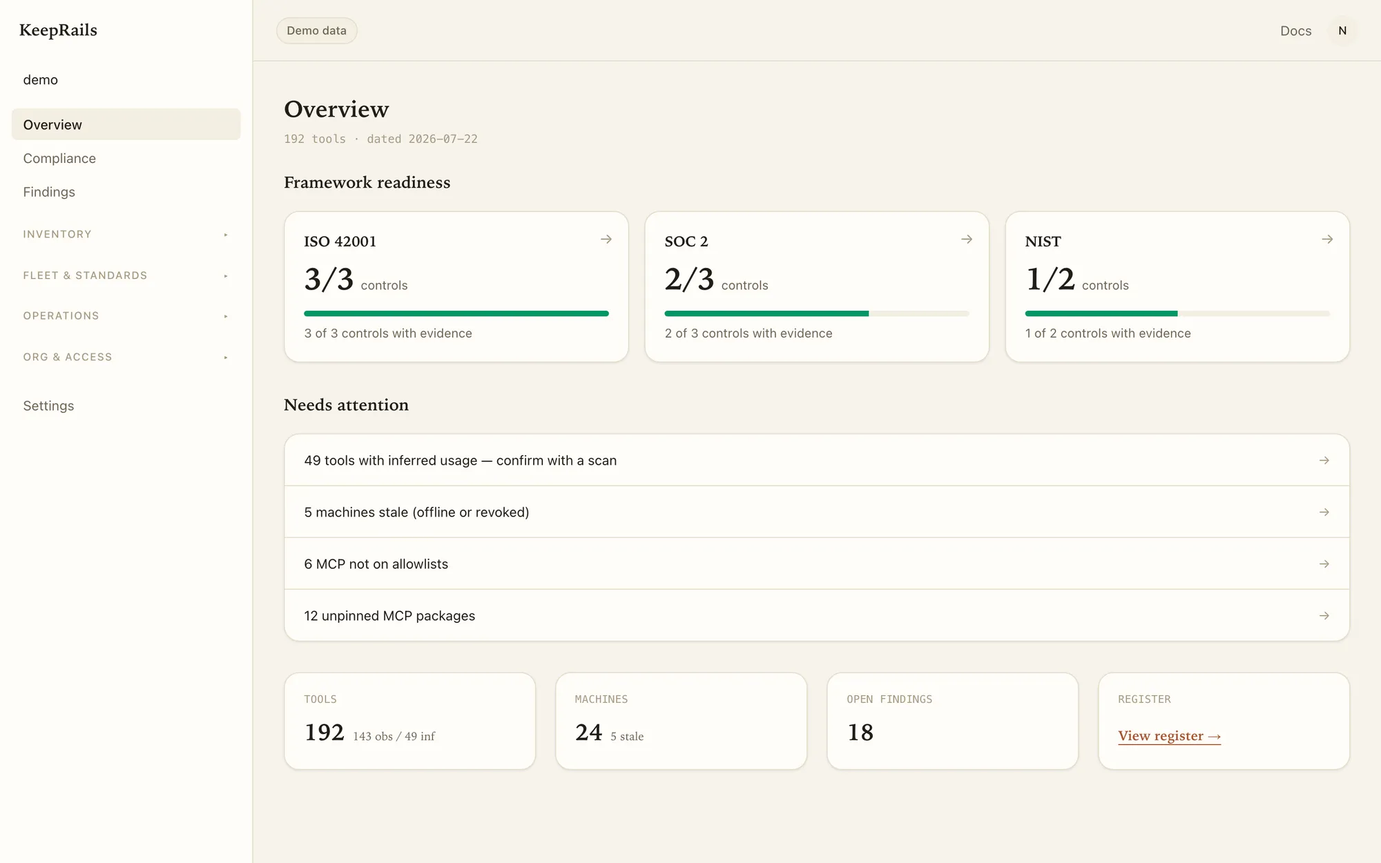 KeepRails Overview status board on the Northwind Labs demo account, showing fleet inventory totals, recent changes, and a needs-attention feed.
